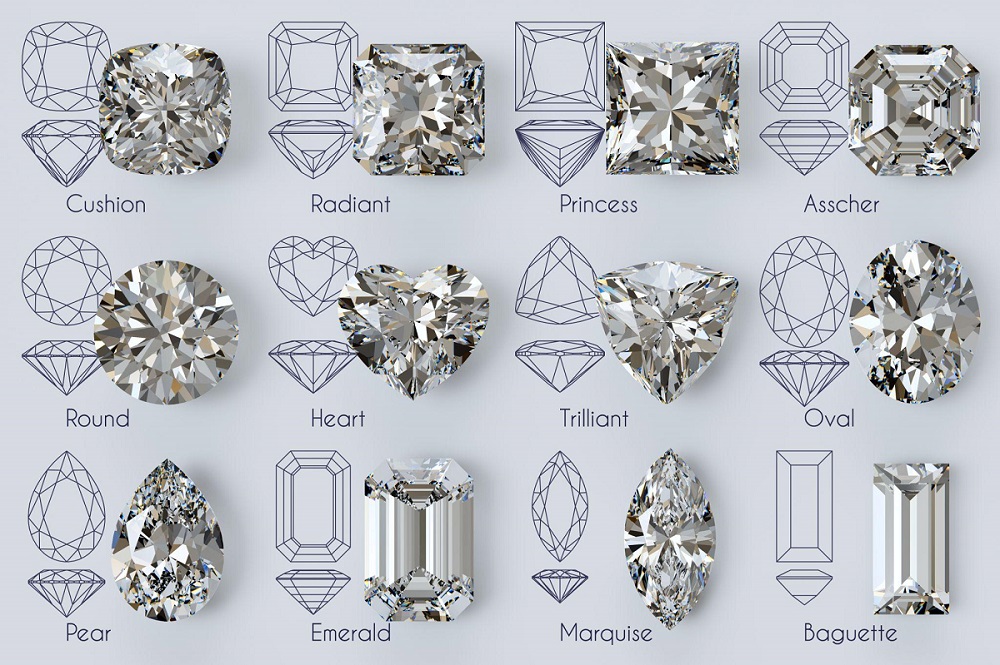 Twelve popular diamond shapes with titles, diagrams on white background
